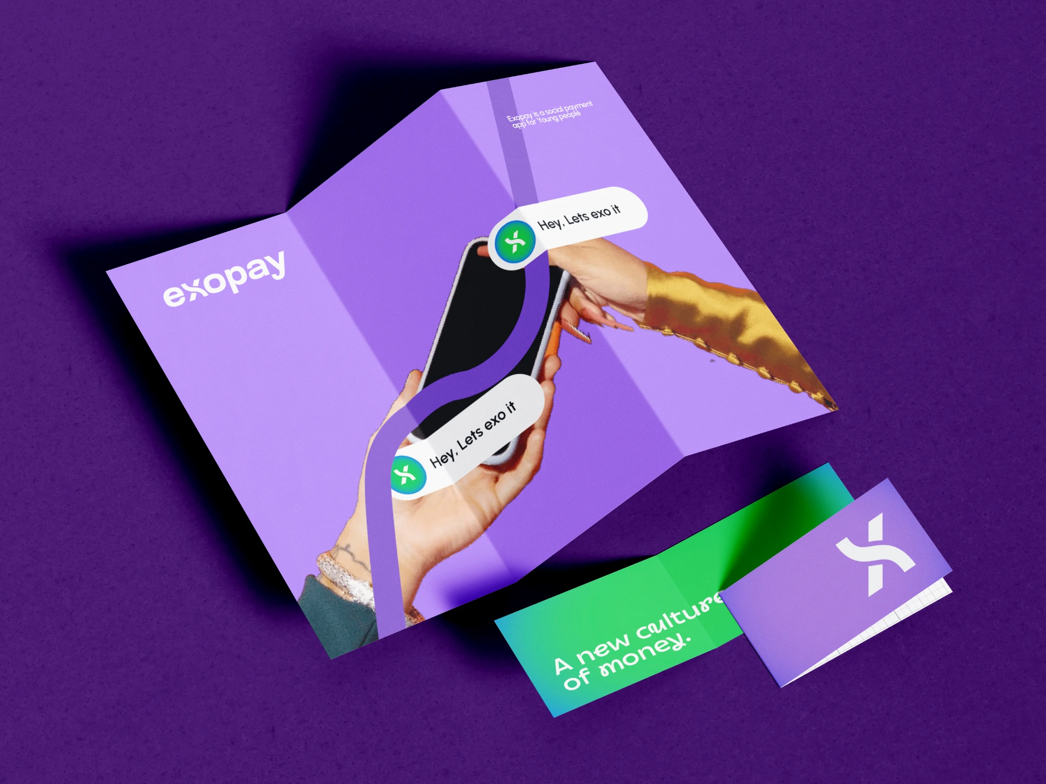 Purple exopay brand artwork with a phone, payments and colourful printed materials